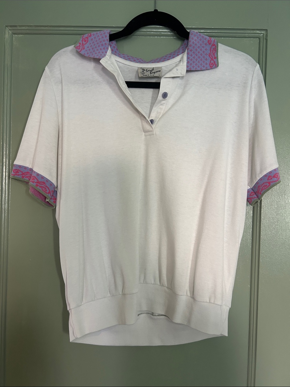 Sara White Polo Top with Lavender-Pink Trim